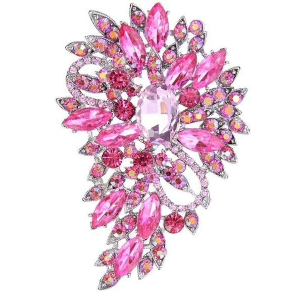 Silver and Pink Sapphire Austrian Crystal Flower and Leaf Bouquet Brooch Pin